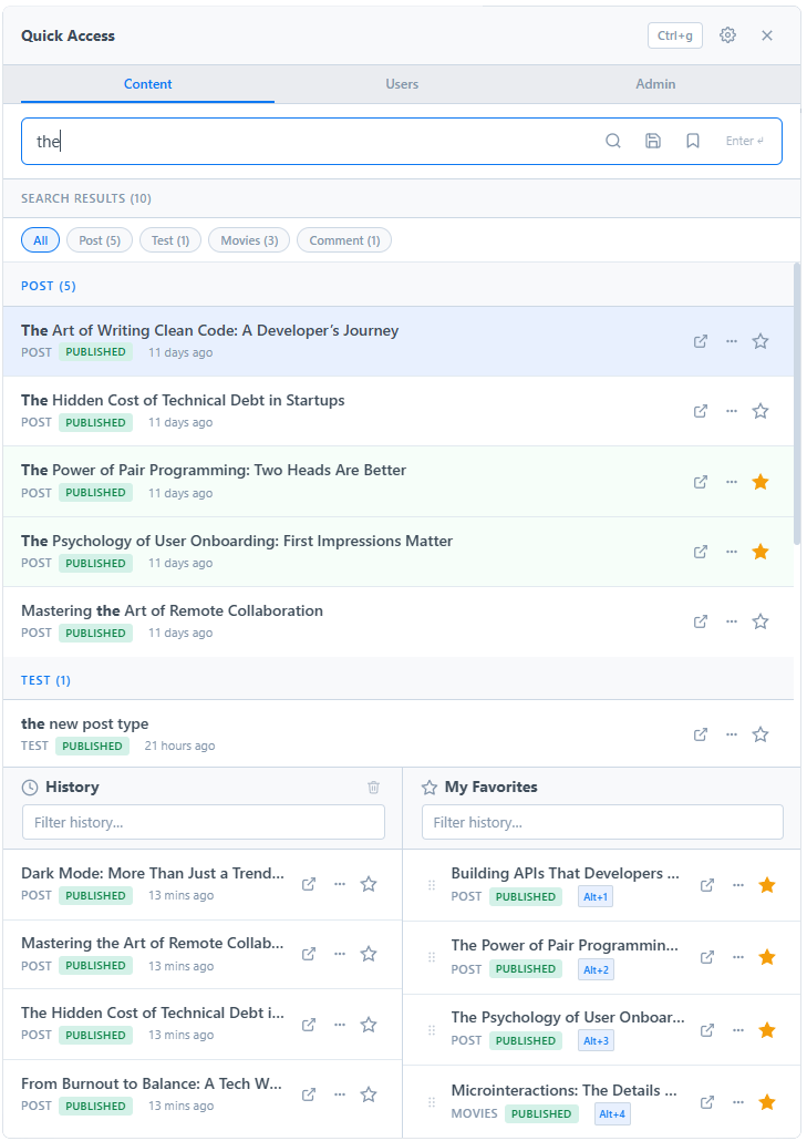 Content search with Pro features — search tabs and star button